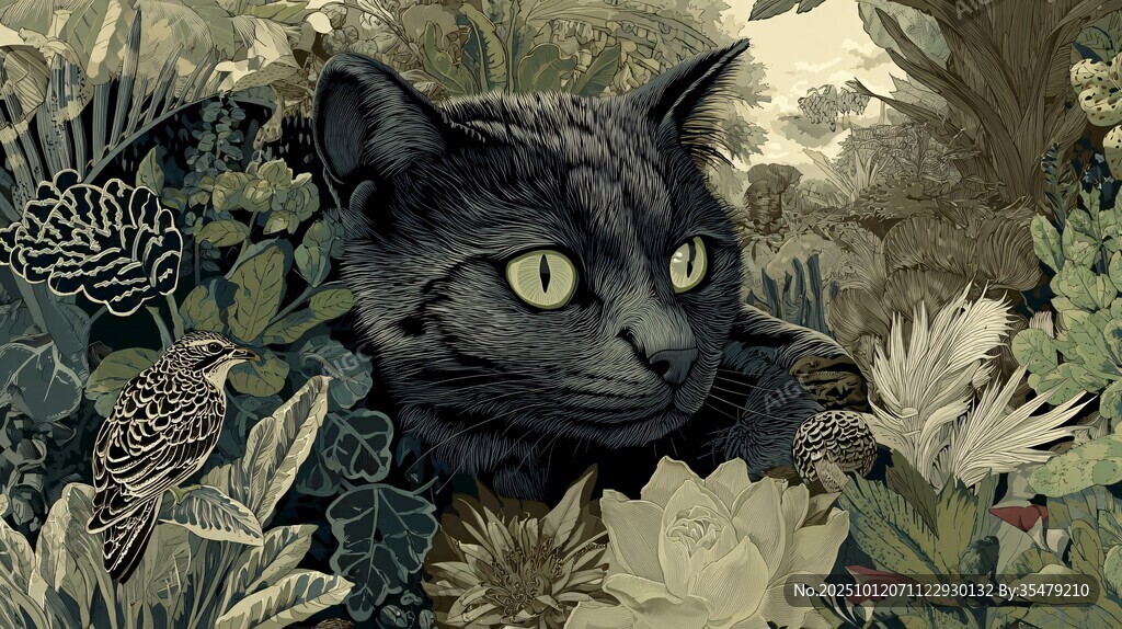 黑猫置身繁茂绿植间