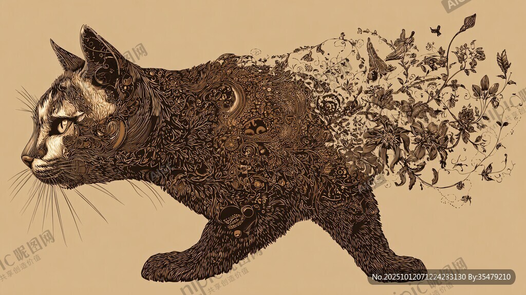 猫身幻化为花鸟奇妙景象