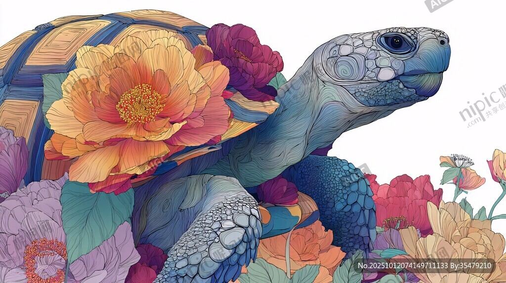花朵环绕的美丽彩绘乌龟