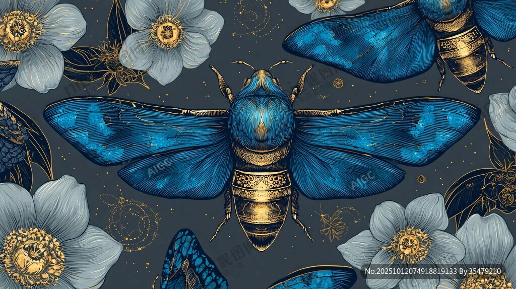 蓝金蜂花图案 梦幻又精美