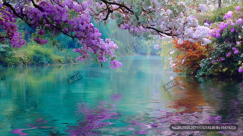 梦幻繁花映碧湖