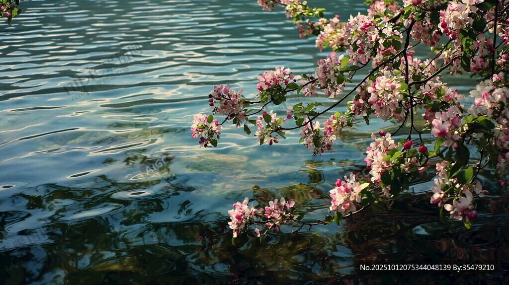 湖畔繁花绽放美景