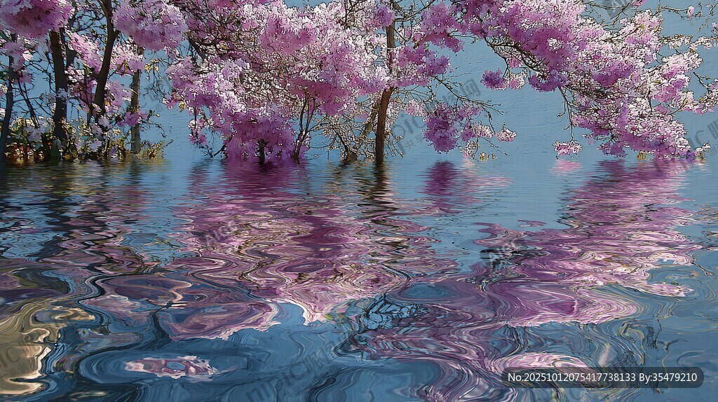 梦幻樱花树倒映于水面