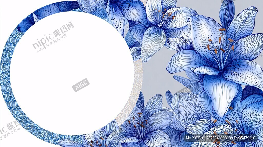 蓝色花卉圆形边框图案