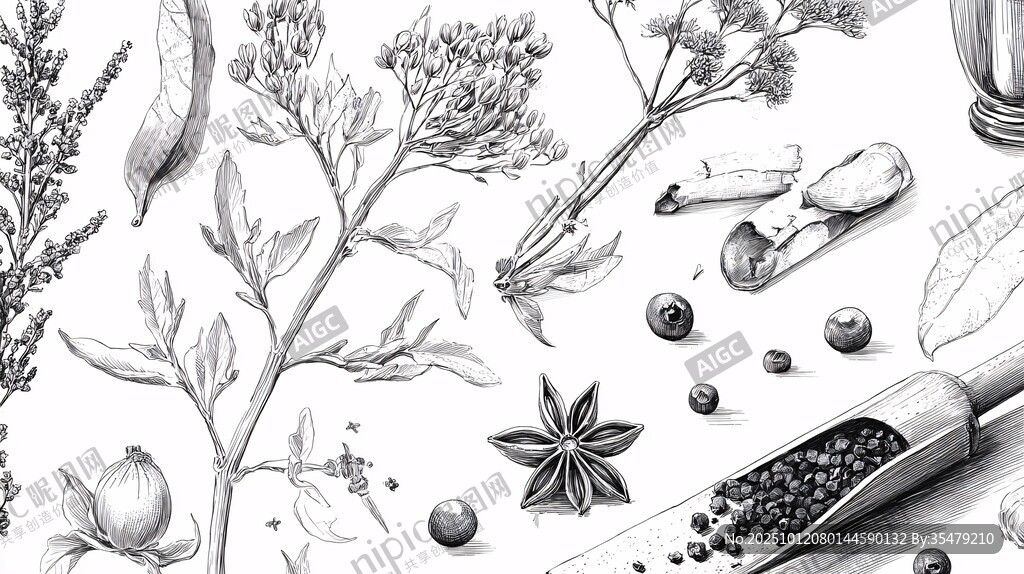 手绘香料与草本植物图