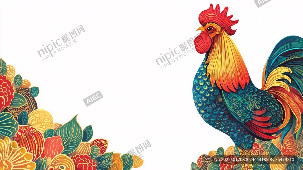 多彩公鸡与花卉装饰图案