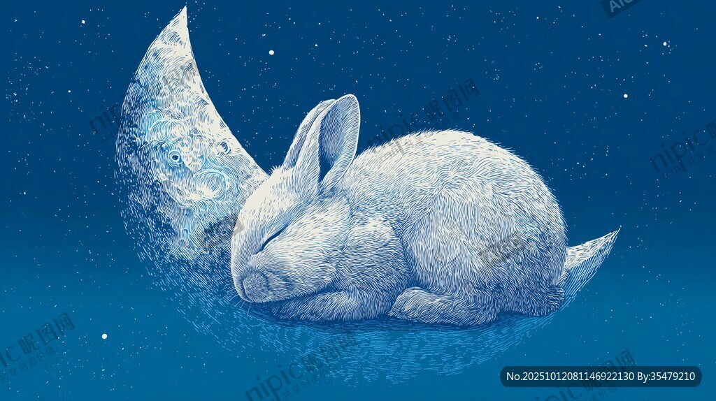 月夜下酣睡的可爱小兔