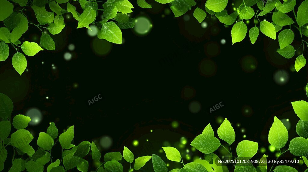 绿叶环绕的梦幻黑色背景
