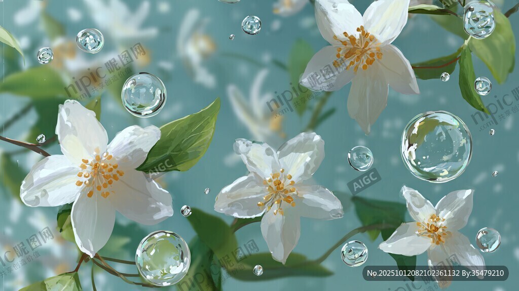 清新白花伴水珠灵动画面