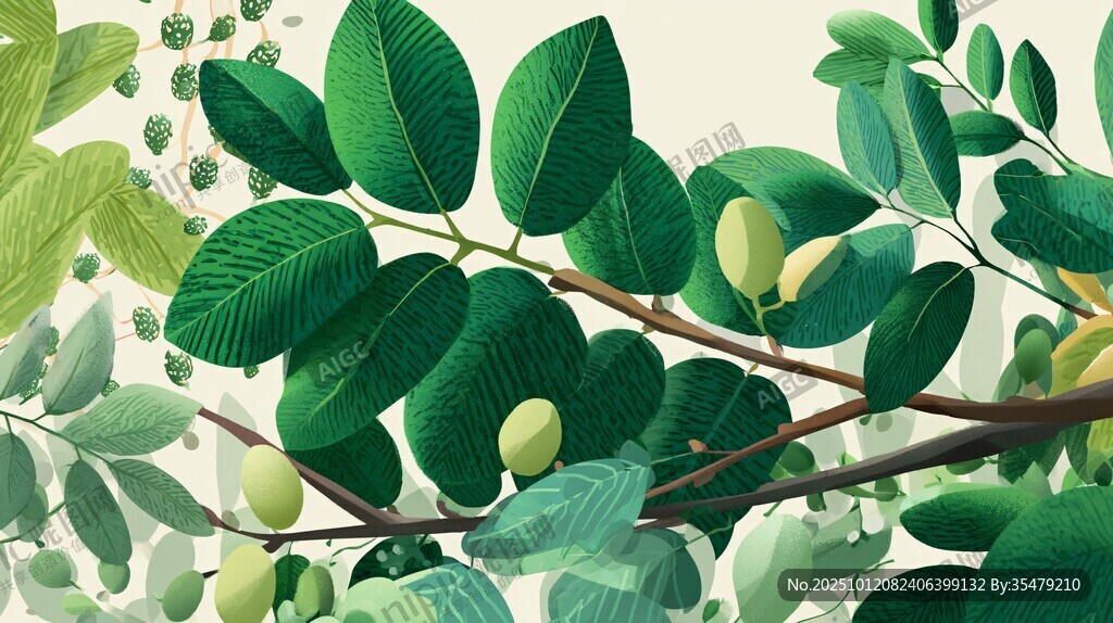 翠绿枝叶与果实的清新画面