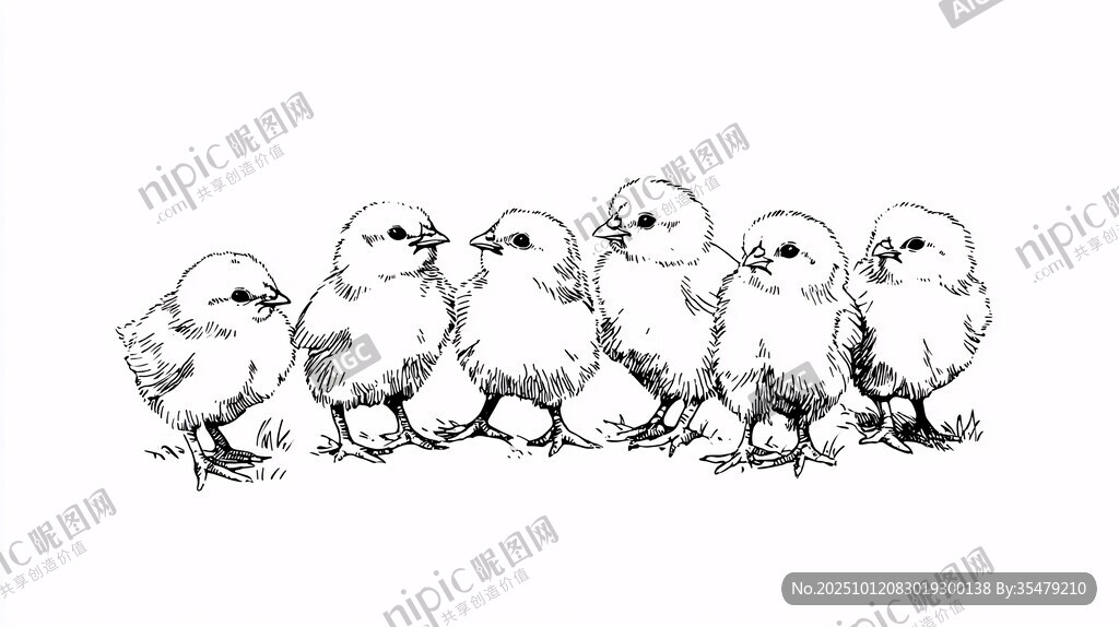 一排雏鸡黑白插画