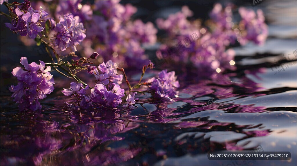 紫花漂浮于水面的唯美景象