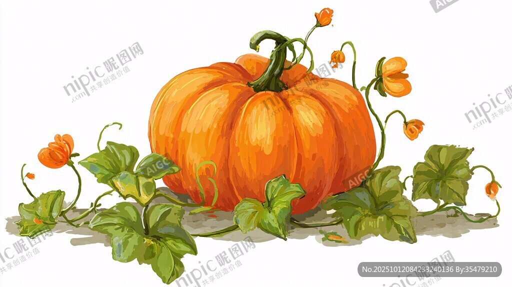 橙色南瓜伴绿叶小花