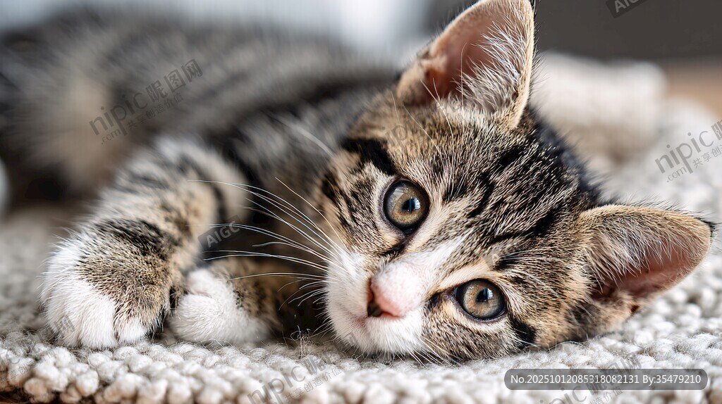 可爱小猫惬意趴地毯上