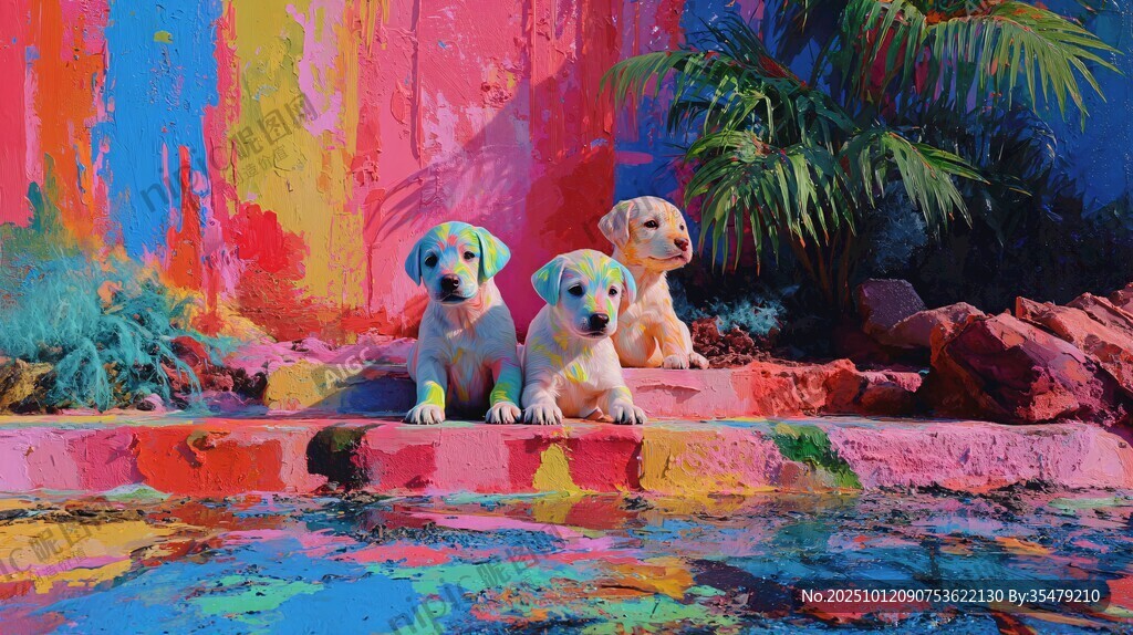 色彩斑斓处的三只萌犬