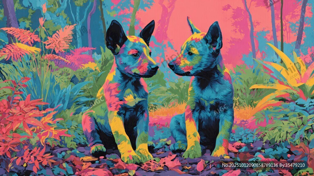 色彩斑斓双犬的奇幻丛林