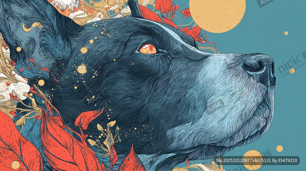 梦幻黑犬与绚烂花叶