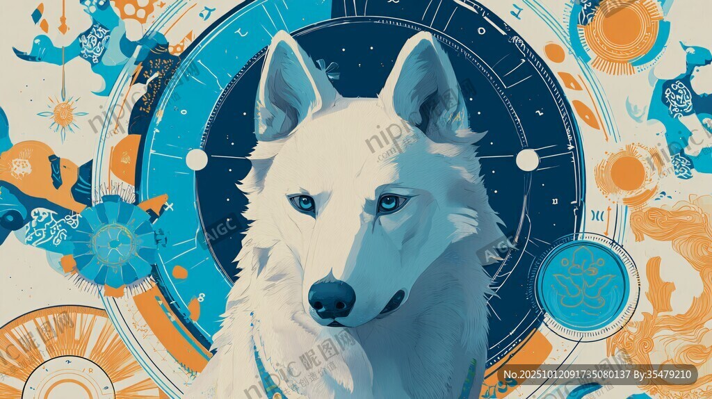 梦幻白狼置身奇幻图案中