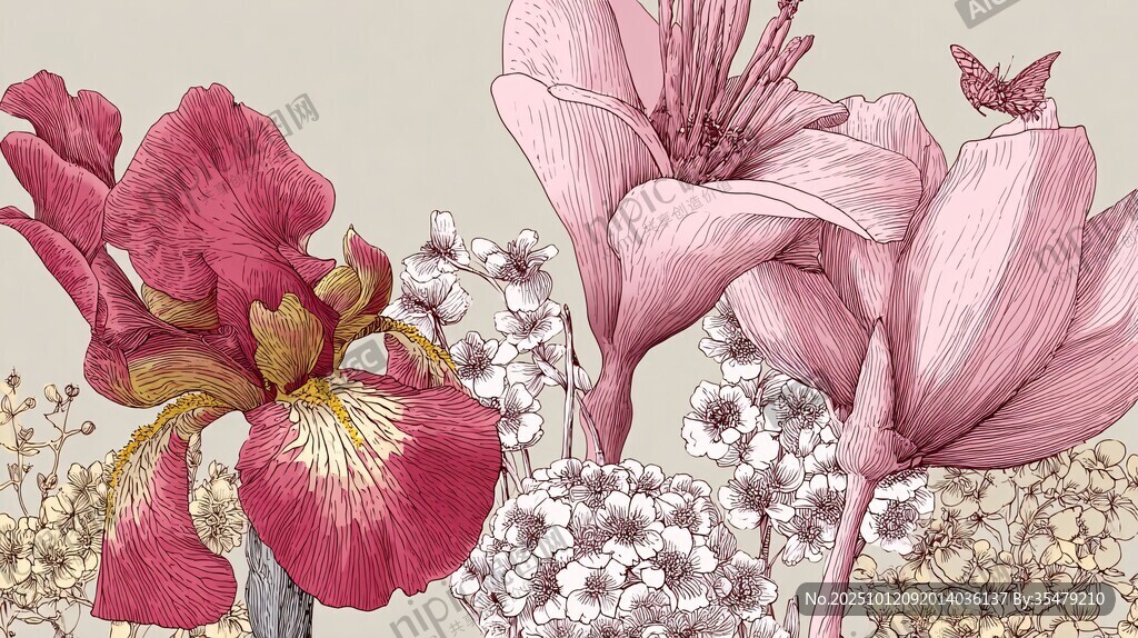 鸢尾花卉与蝴蝶插画