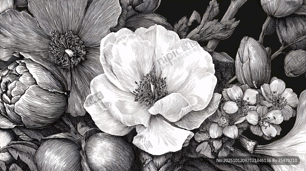 黑白花卉艺术插画