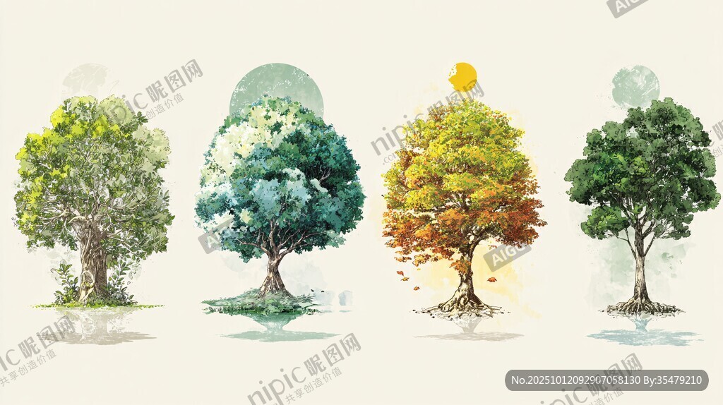 四季树木水彩绘景
