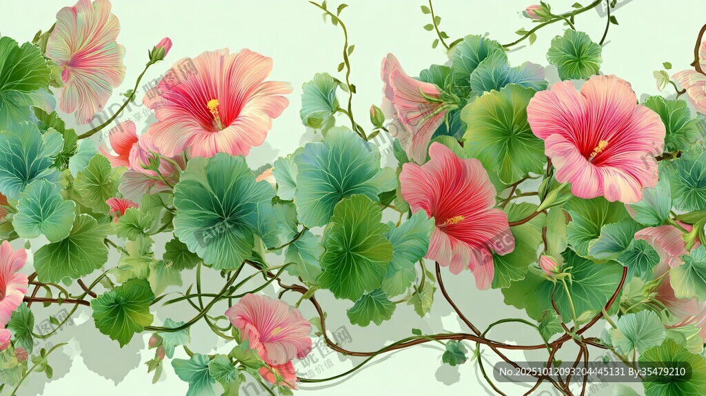 粉色花朵绿叶藤蔓图案