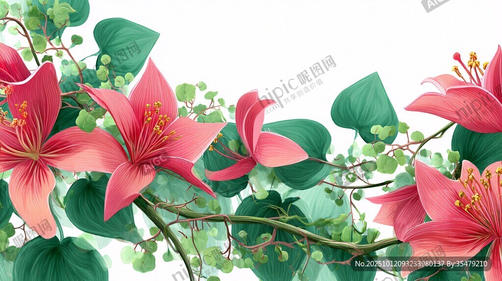 粉色花卉与绿叶的清新组合
