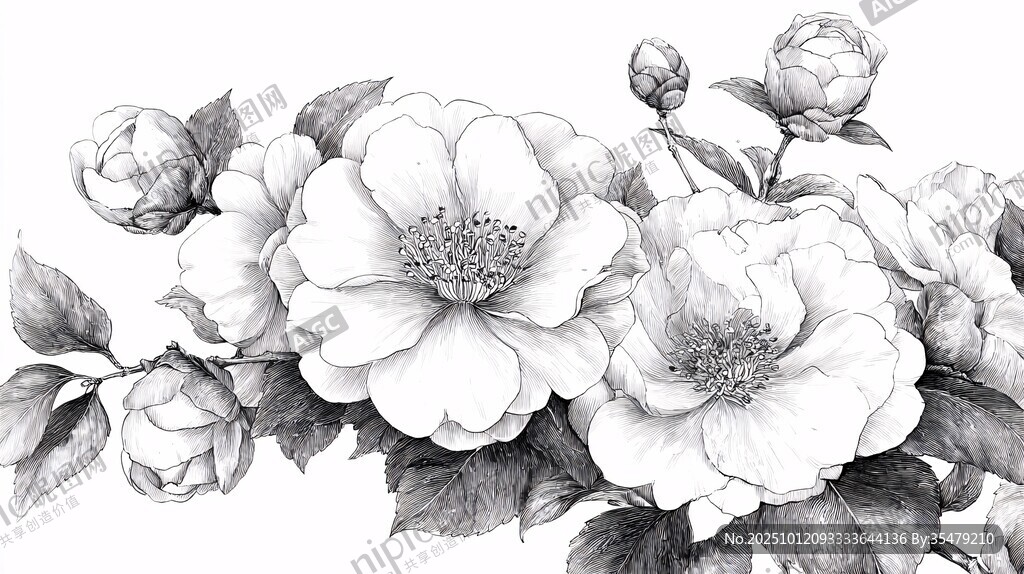 黑白花卉素描图