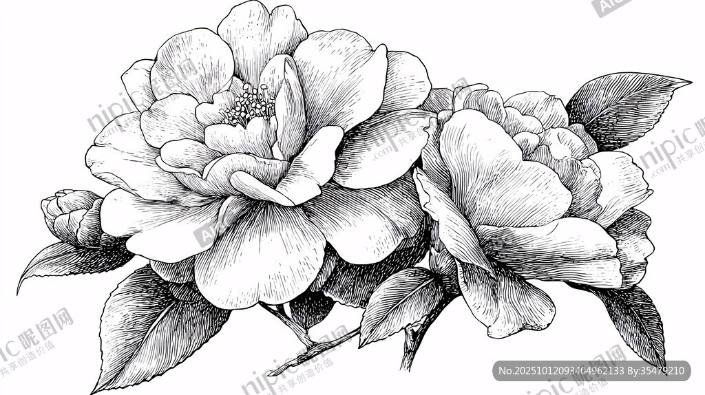 手绘黑白花卉茶花图