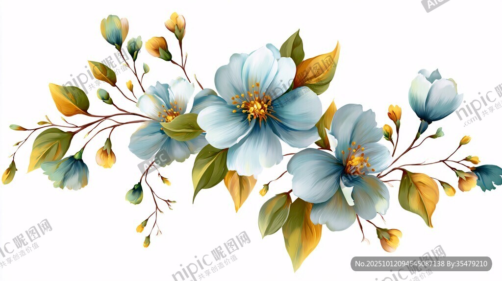 蓝色花卉枝叶插画