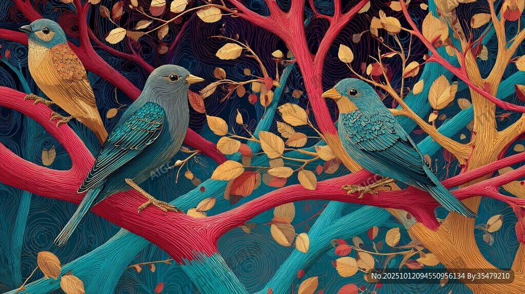 多彩枝头的栖息鸟儿