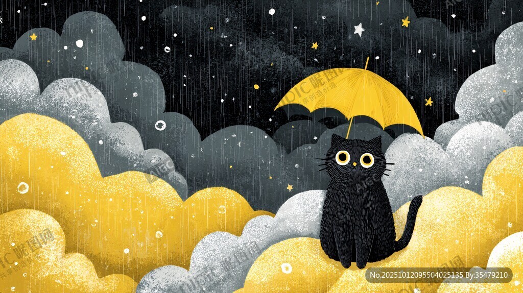 黑猫撑伞于雨夜云朵间