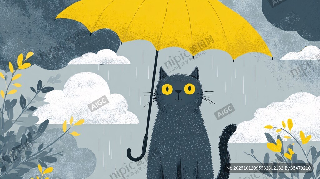 雨中撑伞的黑猫