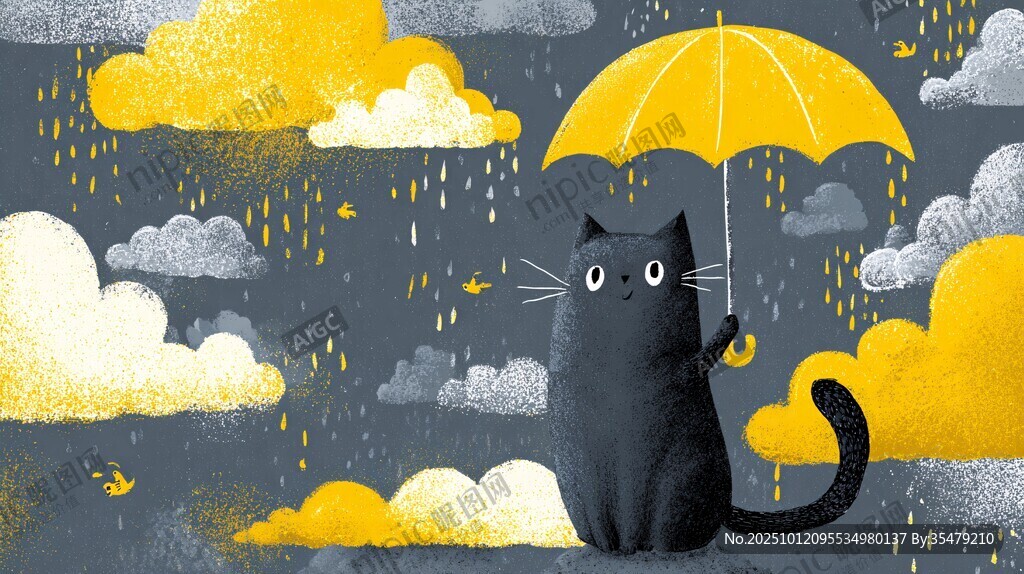 黑猫撑伞于雨云之下