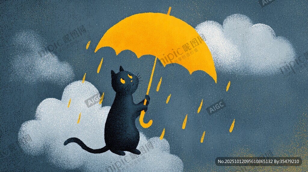 黑猫撑伞在云端沐雨