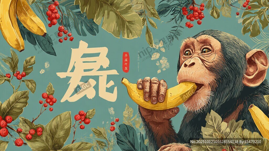 猴年插画 猴子食蕉贺新春