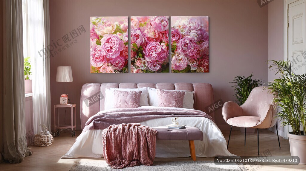 粉色浪漫卧室 花卉挂画装饰