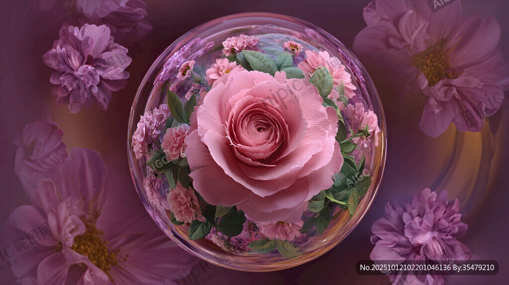 梦幻粉玫瑰水晶球花卉景