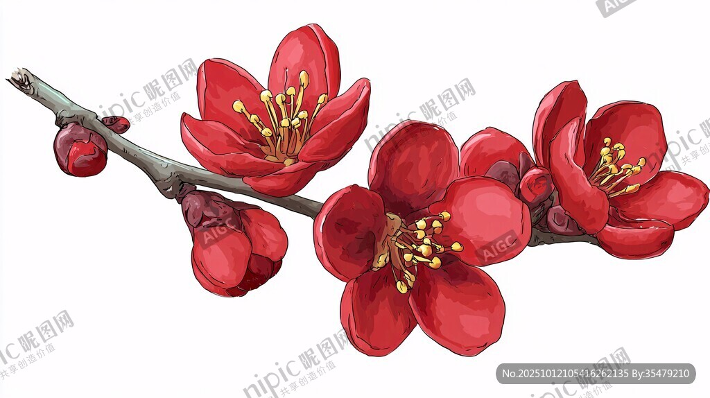 鲜艳红梅花枝插画图