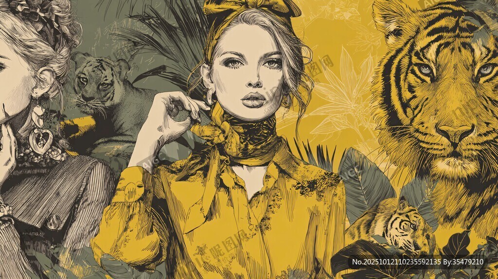 复古风女性与老虎插画