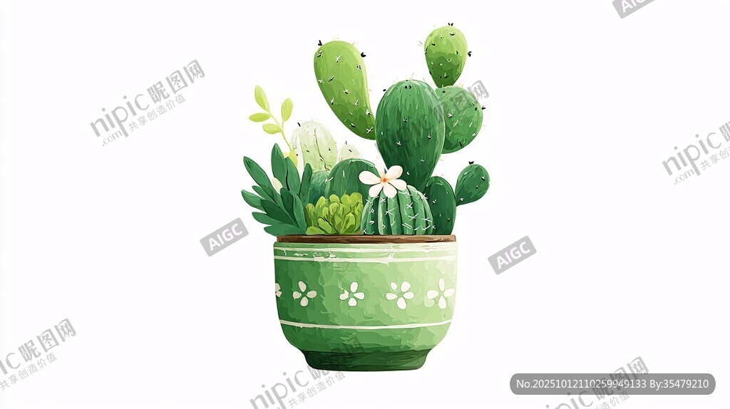 手绘盆栽仙人掌清新插画