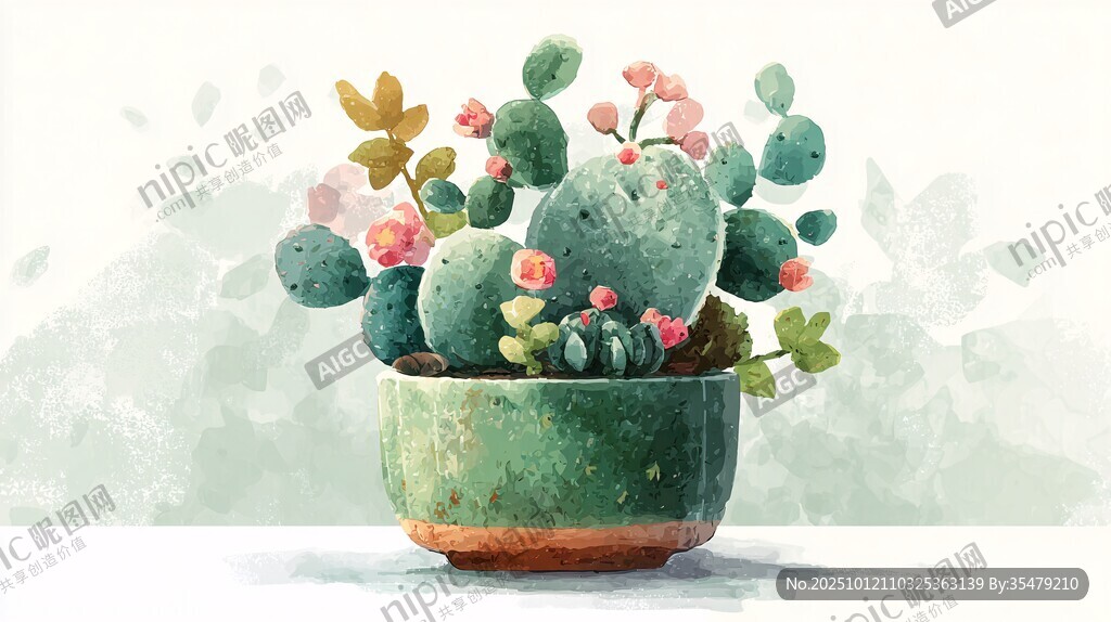 水彩风盆栽仙人掌插画