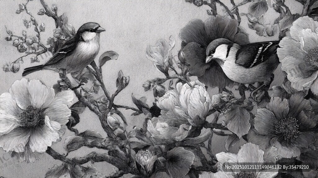 黑白花鸟图