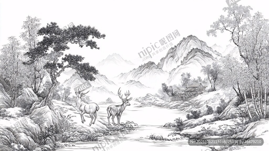 山林鹿景图