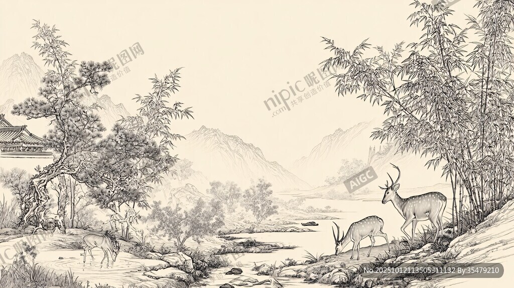 中式山水间的鹿与景致