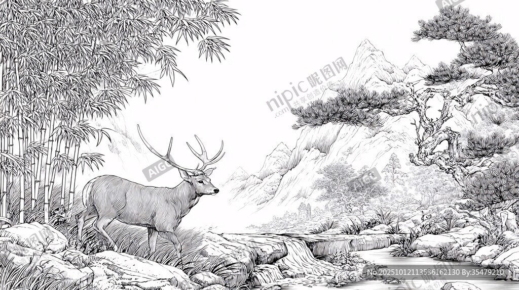 鹿栖山林间水墨画意境