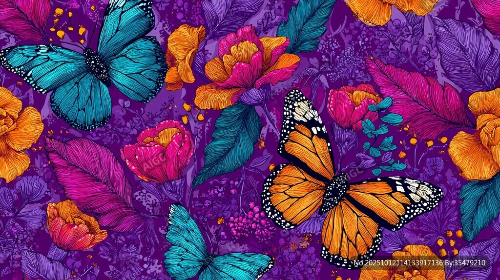 蝴蝶与花卉的梦幻图案