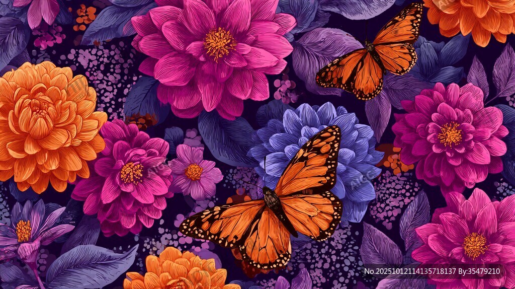 花卉蝴蝶梦幻图案背景