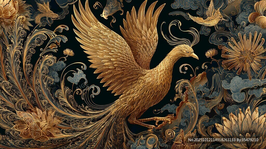 金色凤凰与繁花奇幻图景