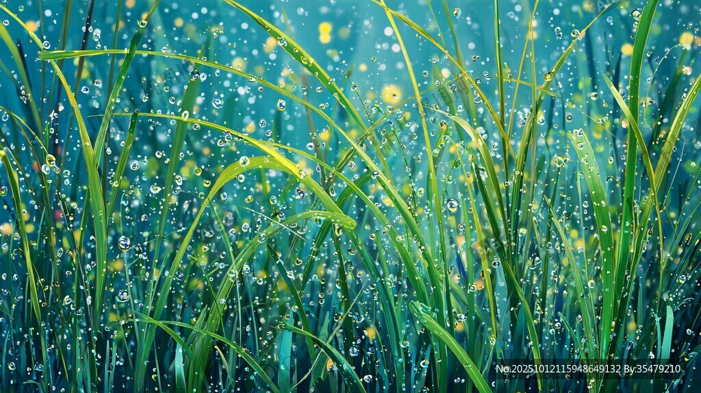 雨中青草与黄花的清新景致